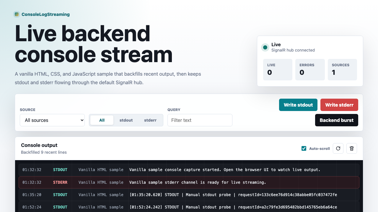 Vanilla HTML + JS sample screenshot